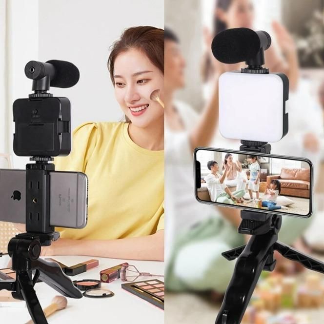 Enhanced Vlogging Kit: MIC, Mini Tripod Stand, LED Light & Phone Holder Clip